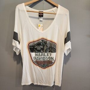Harley Davidson Woman's embelished bike v-neck striped short sleeve tee 2XL